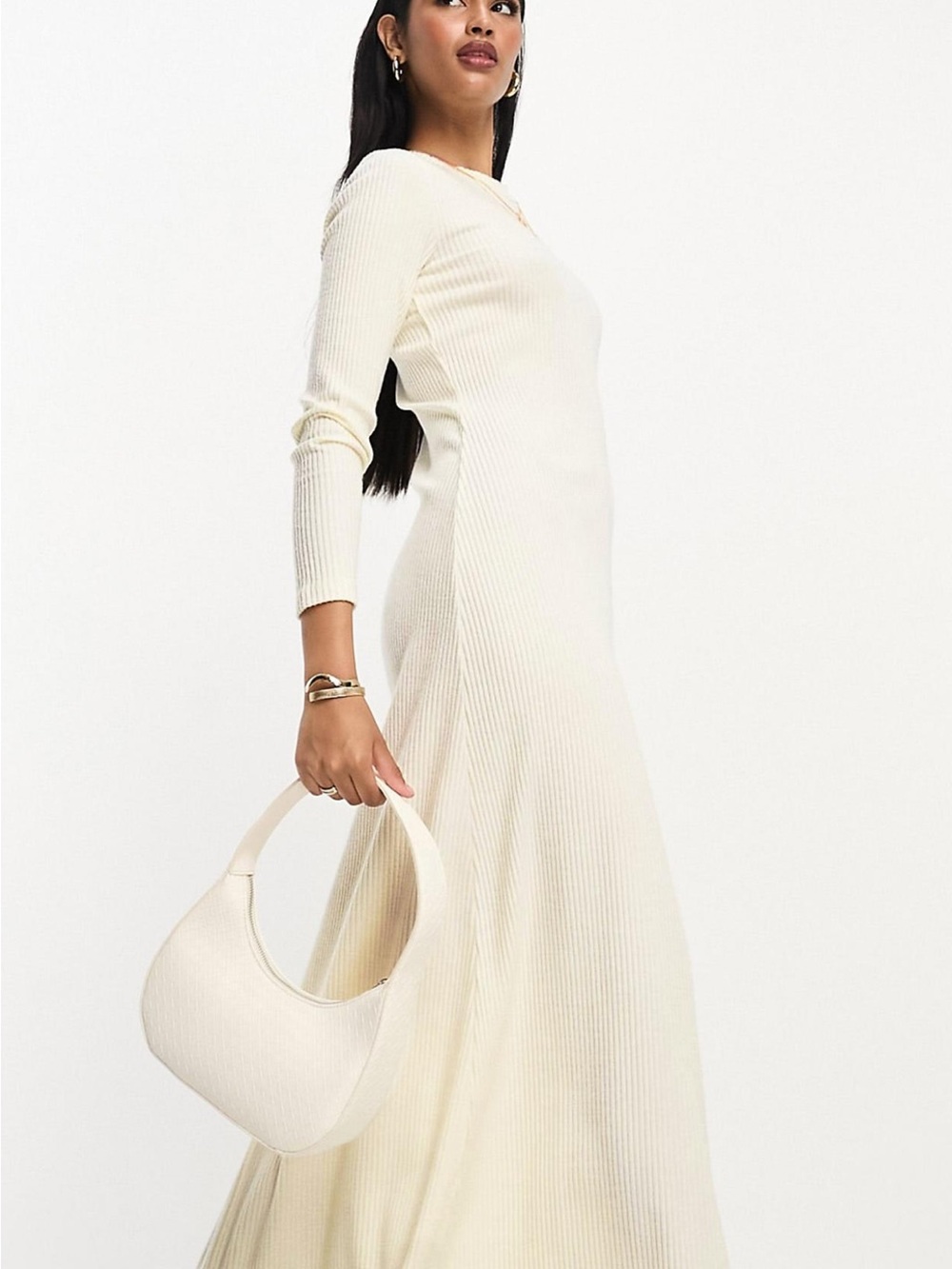 ASOS Cream Ribbed Long Sleeve Maxi Dress